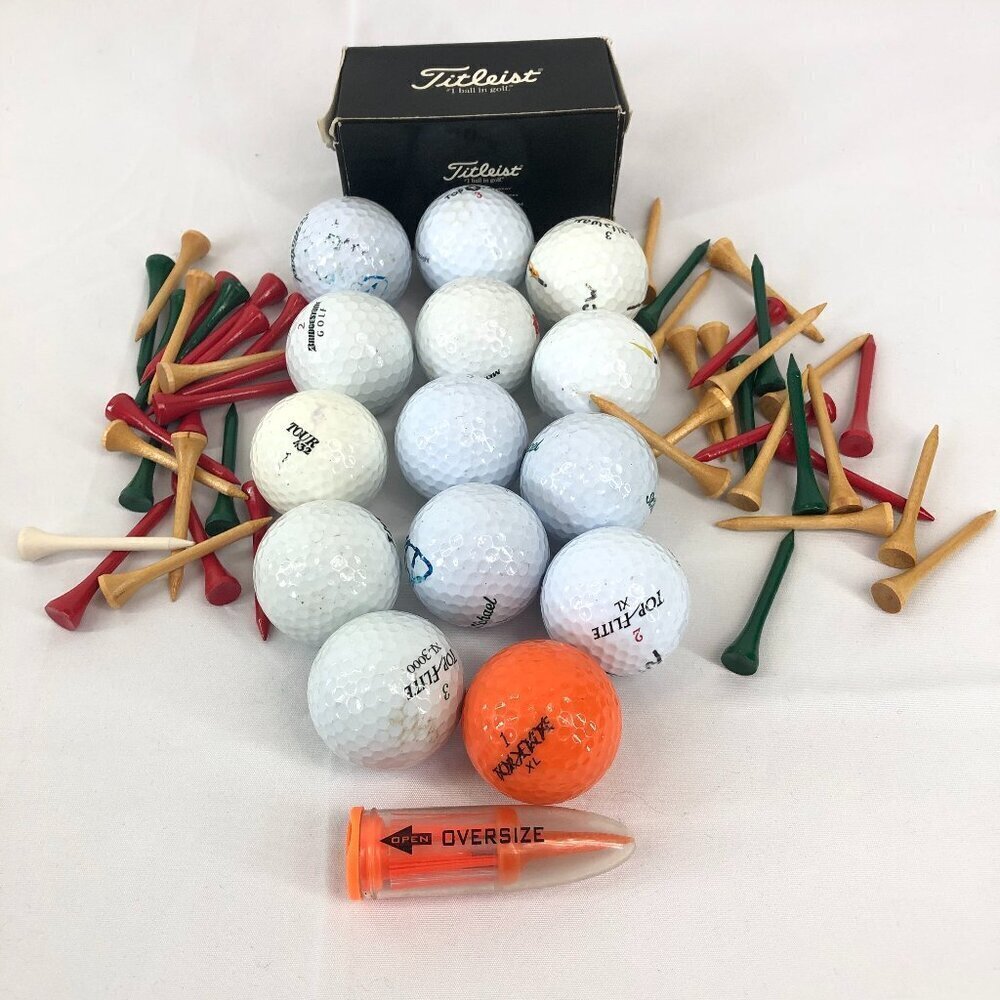 Golf Ball Lot Of 16 Assorted Balls With 47 Assorted Tees